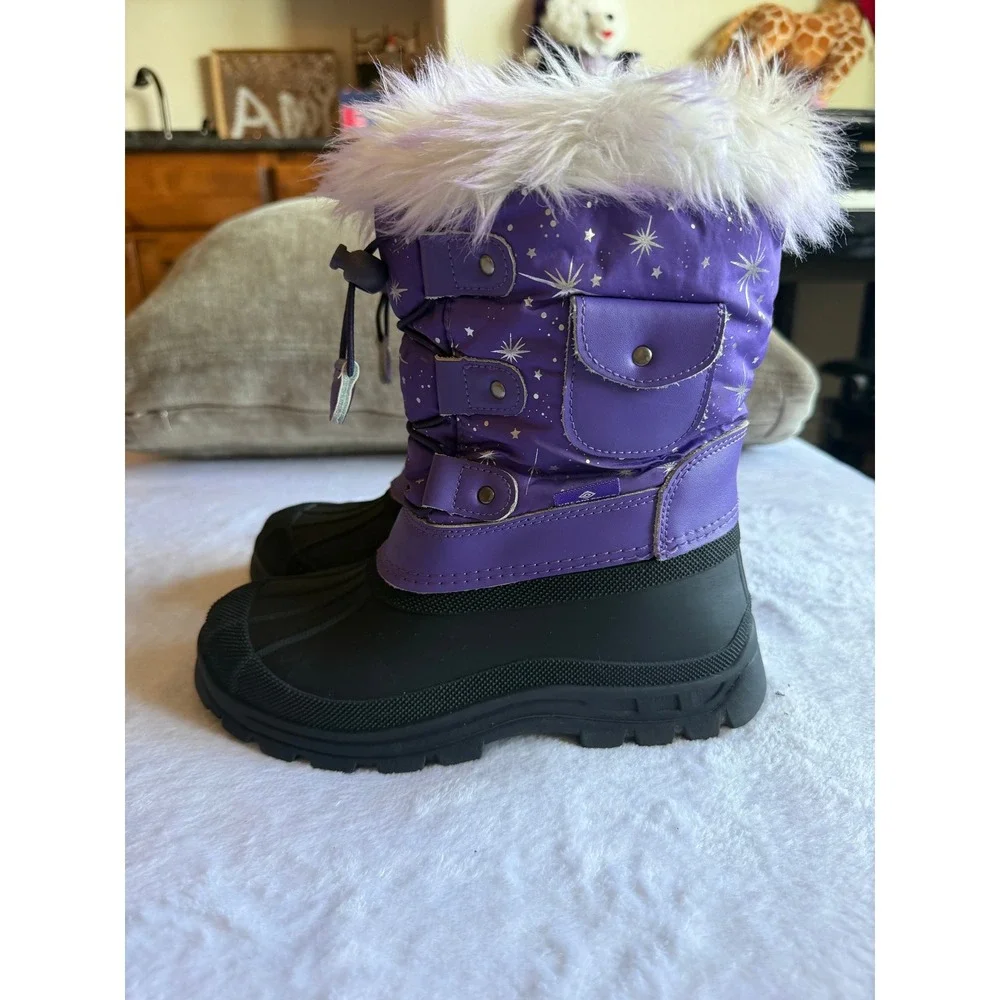 Dream Pairs Girls Purple Silver Star Insulated Snow Boots Faux Fur Size 2 Kids